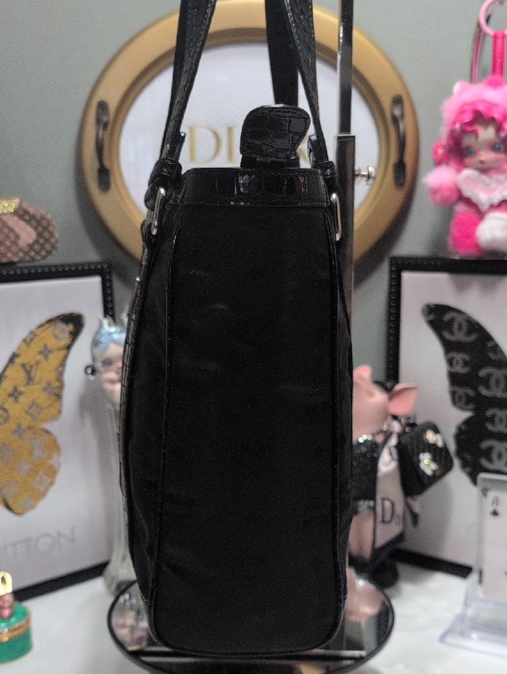 MCM Black Nylon Signature Monogram & Patent Leather Croc Embossed Trim Tote NEW - Picture 10 of 17